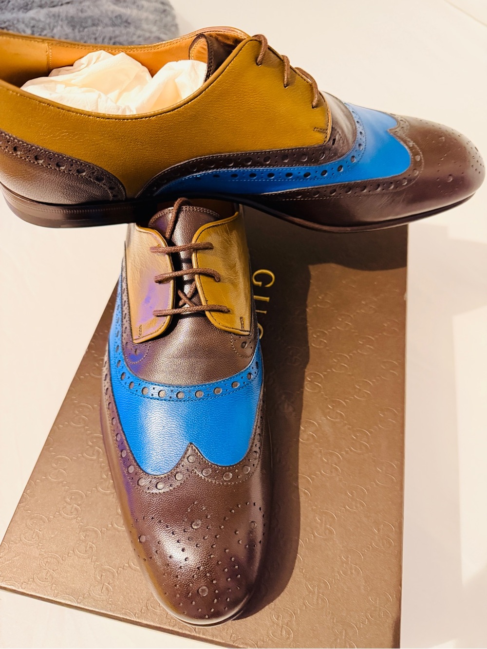 Gucci Brown, Blue and Mustard Leather Wingtip Oxfords